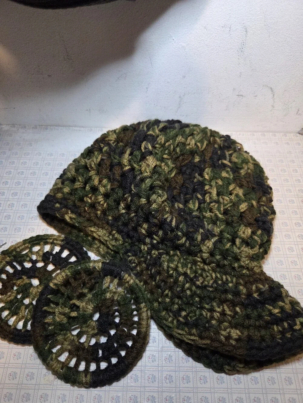 Handmade Olive Green Crocheted Newsboy Cap and Hoop Earrings Set... Camouflage